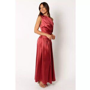Petal & Pup Eshie Wine Satin One Shoulder Drop Waist Midi Dress 10